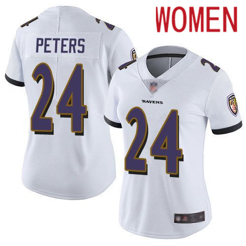 Women Baltimore Ravens #24 Marcus Peters Nike White Game NFL Jersey->women nfl jersey->Women Jersey
